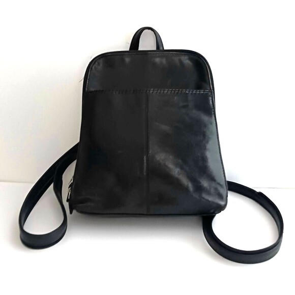 Transit Genuine Blk Genuine Leather Backpack Multi Zip Pockets 10X3X10 Packable - Picture 1 of 12